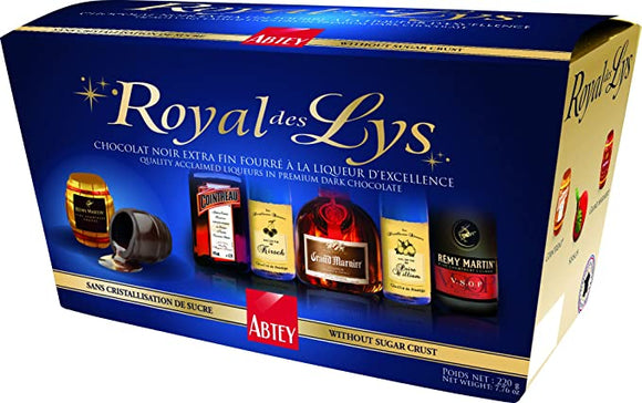 Assortment of 17 bottle chocolates filled with different liquors. Brand: Abtey, France.