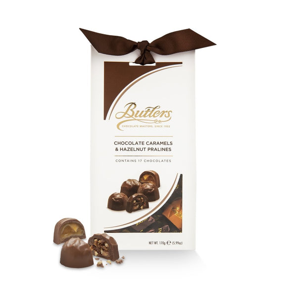 Caramel truffles individually wrapped. Packed in a gift box tied with a burgundy ribbon. Brand: Butlers, Ireland.