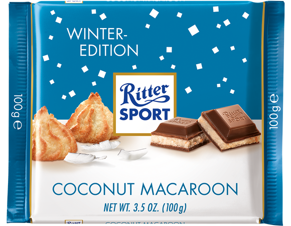 Milk Chocolate with Coconut Macaroon Bar. Alpine milk chocolate filled with a coconut milk creme. Brand: Ritter, Germany.