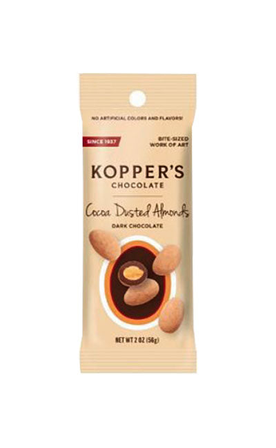 Almonds dusted with cocoa in a small snack bag. Brand: Kopper’s, USA.