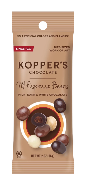 Coffee beans covered in chocolate in a small snack bag. Brand: Kopper’s, USA.