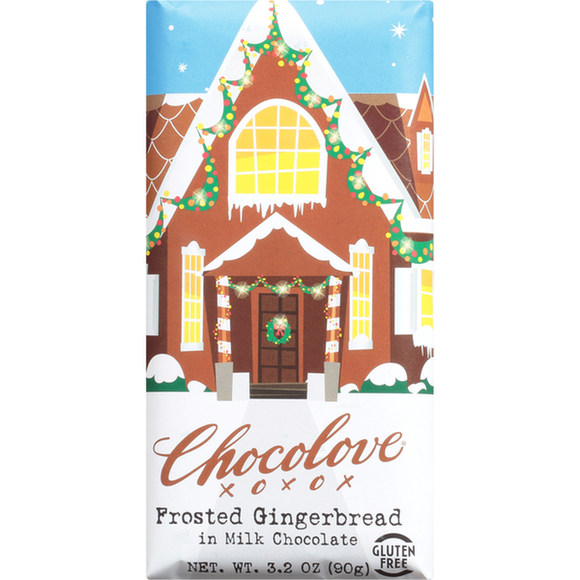 Holiday edition of gingerbread flavored chocolate bar. Brand: Chocolove, USA.