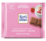 Milk Chocolate With Strawberry Creme Bar. Filled with strawberry yogurt mousse and crunchy rice crisps. Brand: Ritter, Germany.