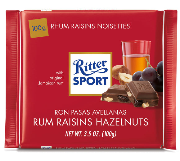 Milk Chocolate Rum Raisins and Hazelnuts Bar. Californian sultanas marinated in Jamaican rum. Brand: Ritter, Germany.