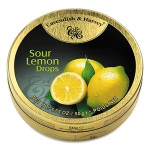 Sour Lemon Drops Pocket Tin. Kosher. Gluten Free. Preservatives Free. Brand: Cavendish & Harvey, Germany.