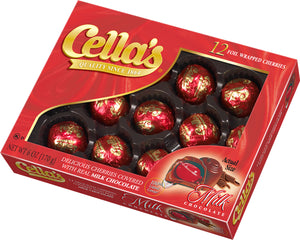 12 individually foil wrapped chocolates in a window box. Brand: Cella’s, USA.