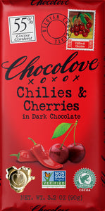 Chocolate bar with all natural Chipotle chilies and dried cherries. Brand: Chocolove, USA.