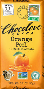 Chocolate bar with all natural dried orange peel. Brand: Chocolove, USA.