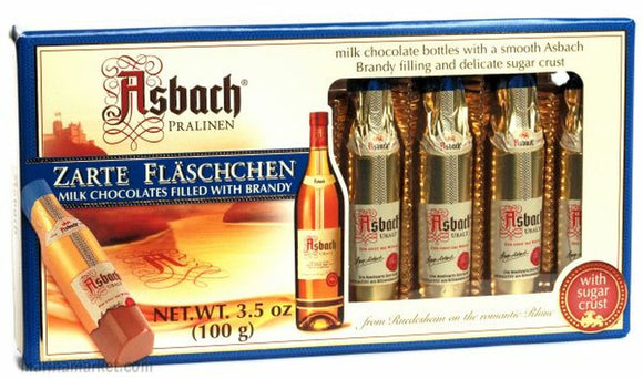 Milk chocolate and a smooth Asbach Uralt Brandy. 8 bottle shaped chocolates packed in a window box. Asbah, Germany.