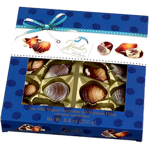 Seashell truffles with hazelnut filling packed in a gift box. Brand: Hamlet, Belgium.