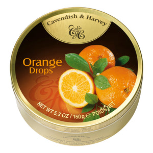 Orange Drops Tin. Kosher. Gluten Free. Preservatives Free. Brand: Cavendish & Harvey, Germany.