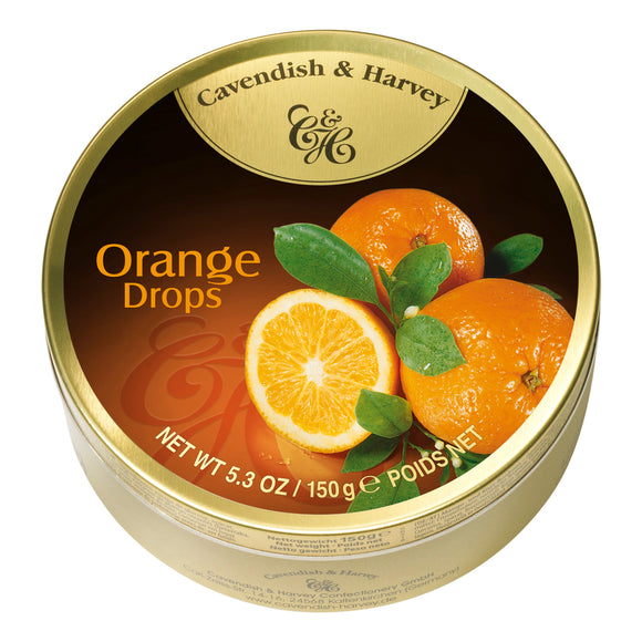 Orange Drops Tin. Kosher. Gluten Free. Preservatives Free. Brand: Cavendish & Harvey, Germany.