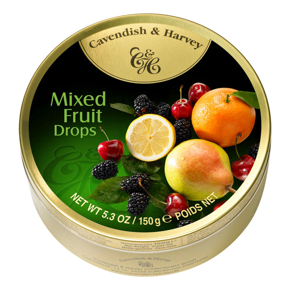 Mixed Fruit Drops Tin. Kosher. Gluten Free. Preservatives Free. Brand: Cavendish & Harvey, Germany.