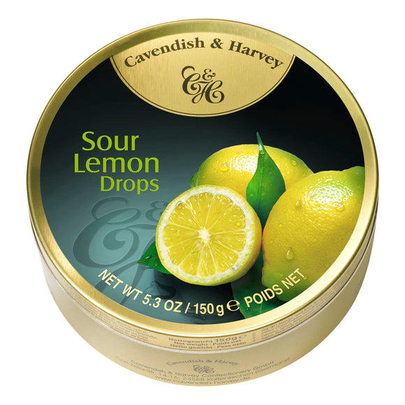 Sour Lemon Drops Tin. Kosher. Gluten Free. Preservatives Free. Brand: Cavendish & Harvey, Germany.