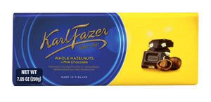 Milk Chocolate with Whole Hazelnuts Bar 30%. Brand: Fazer, Finland.