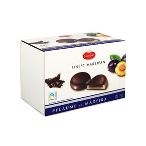 Milk Chocolates with Jamaican rum, marzipan, and plum in Madeira wine. Brand: Carstens, Germany.