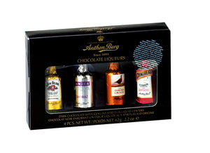 Dark Chocolate Liqueur-Filled Bottles 4pc Assortment box. GMO free. Brand: Anthon Berg, Denmark.