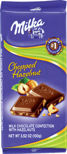 Milk Chocolate Chopped Hazelnut Bar. Made with Swiss milk. Brand: Milka, Switzerland.