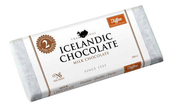 Milk Chocolate Toffee & Sea Salt 2-pack Bar 33%. With Icelandic sea salt. Brand: Noi Sirius, Iceland.