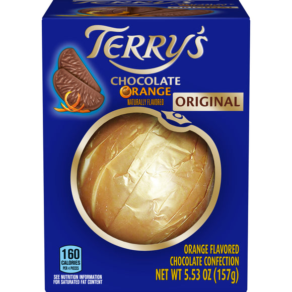 Milk Chocolate Orange. Orange-shaped ball of 20 pieces, milk Chocolate with orange oil. Brand: Terry’s, England.