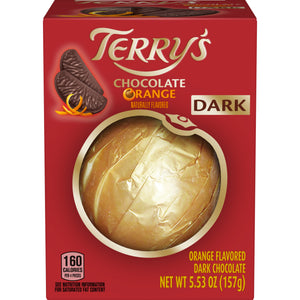 Dark Chocolate Orange. Orange-shaped ball of 20 pieces, dark Chocolate with orange oil. Brand: Terry’s, England.