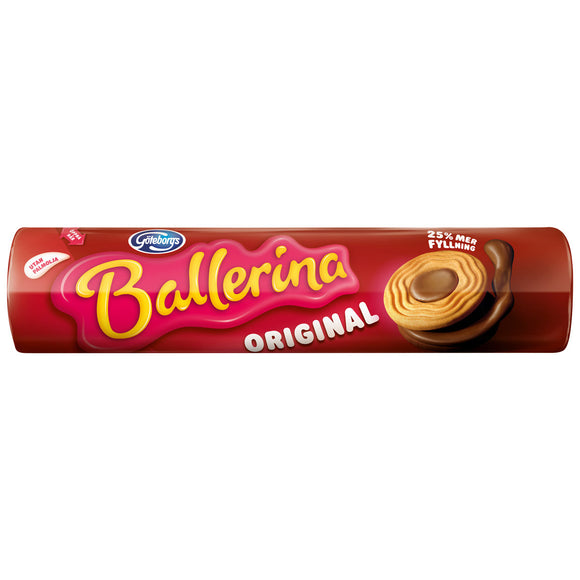 Cookies made of vanilla and chocolate biscuits with hazelnut cream filling. Brand: Ballerina, Sweden.
