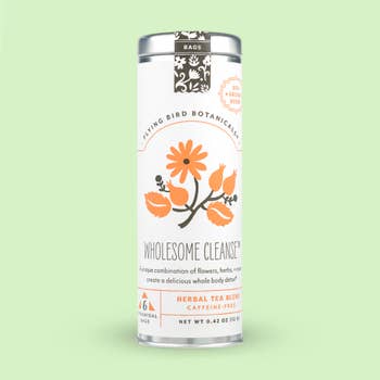 Blend of flowers, herbs, and roots. Organic Certified. Caffeine Free. Brand: Flying Bird Botanicals, USA.