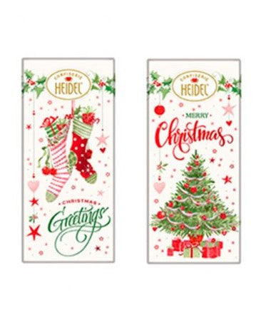 Milk Chocolate Christmas Bars 2 Piece Assortment. Christmas theme packaging in 2 variations. Brand: Heidel, Germany.