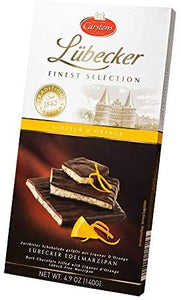 High almond content marzipan bar with orange liquor. Brand: Carstens, Germany.
