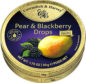 Pear & Blackberry Drops Pocket Tin. Kosher. Gluten Free. Preservatives Free. Brand: Cavendish & Harvey, Germany.