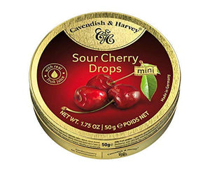 Sour Cherry Drops Pocket Tin. Kosher. Gluten Free. Preservatives Free. Brand: Cavendish & Harvey, Germany.