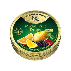 Mixed Fruit Drops Pocket Tin. Kosher. Gluten Free. Preservatives Free. Brand: Cavendish & Harvey, Germany.