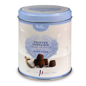 Sea salt truffles packed in a gift metal tin. Brand: Chocolat Mathez, France.