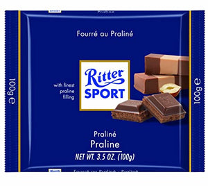 Milk Chocolate With Praline Bar. Creamy premium praline filling. Hazelnuts, roasted and finely ground, give it an intense, nutty taste. Brand: Ritter, Germany.