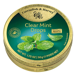 Clear Mint Drops Pocket Tin. Gluten Free. Preservatives Free. Brand: Cavendish & Harvey, Germany.