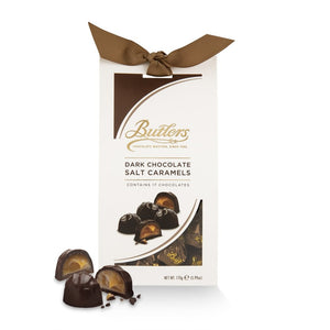 Caramel truffles with Irish Atlantic Sea Salt. Individually wrapped and packed in a gift box tied with a brown ribbon. Brand: Butlers, Ireland.