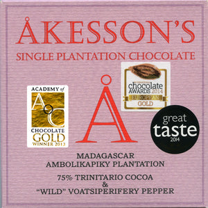 Madagascar Trinitario & Wild Pepper Bar Organic Dark Chocolate 75%. Brand: Akesson’s, France.