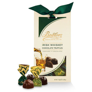 Chocolate truffles with Irish whiskey individually wrapped. Packed in a gift box tied with a green ribbon. Brand: Butlers, Ireland.