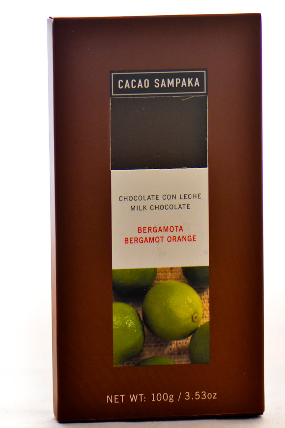 Bergamot Orange Bar. Milk Chocolate 50%. Brand: Cacao Sampaka, Spain.