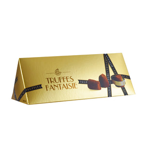 Truffles coated with cacao powder. Packaged in the Gold triangular-shaped gift box. Brand: Chocolat Mathez, France.