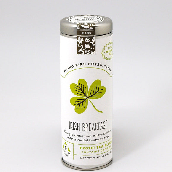 Irish Breakfast - 6 Tea Bag Tin - Exotic Blend. Organic Certified. Caffeinated. Brand: Flying Bird Botanicals, USA.