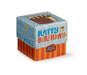 Happy Birthday Gift Box. Assortment of 6 truffle flavors. Gluten-Free. Non-GMO. Kosher Dairy. Brand: Seattle Chocolate, USA.