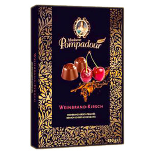 Truffles filled with cherry brandy. Packed into a gift box. Brand: Madame Pompadour, Germany.