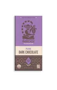Pure Dark Organic Bar. Dark chocolate 92%. Organic. Non-GMO. Vegan. Gluten Free. Kosher. Soy Free. Brand: Madecasse, Madagascar.