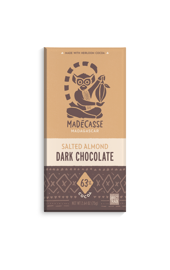 Salted Almond Bar. Dark chocolate 63%. Organic. Non-GMO. Vegan. Gluten Free. Kosher. Soy Free. Brand: Madecasse, Madagascar.