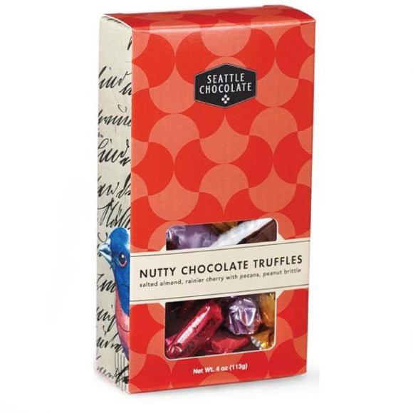 Nutty Chocolate Truffle Box. 3 flavors. Gluten-Free. Non-GMO. Kosher Dairy. Brand: Seattle Chocolate, USA.