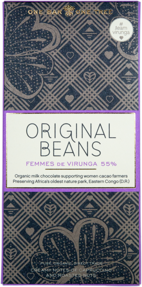 Femmes de Virunga Bar. Milk chocolate 55%. Certified Organic. Gluten Free. Vegan. Brand: Original Beans, Switzerland.