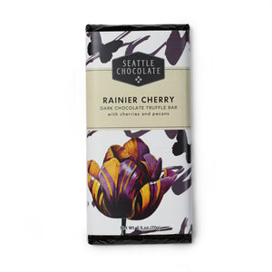 Rainier Cherry Truffle Bar. Dried cherries in dark chocolate. Gluten-Free. Non-GMO. Kosher Dairy. Vegan. Brand: Seattle Chocolate, USA.