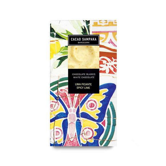 White chocolate bar with lime and cayenne pepper. Brand: Cacao Sampaka, Spain.