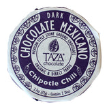 Chipotle Chili Disc. Mexican style Dark chocolate 70%. Two discs per pack. Certified Organic. Direct Trade. Gluten-Free. Kosher. Non-GMO. Brand: Taza, USA.